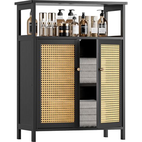 Armoire de Salle de Bain en Rotin, Meuble de Rangement avec Double Portes, Placard de Cuisine autoportante économisant de l’Espace décoration Domicile, Noir (1/5)