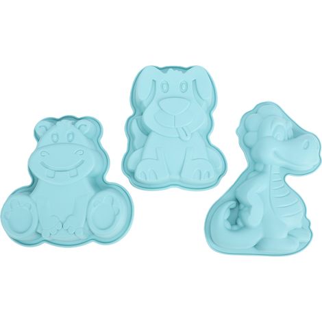 3 moules à pâtisserie en silicone, motif dinosaure, hippopotame et chien, de qualité alimentaire, antiadhésifs et verts. (1/5)