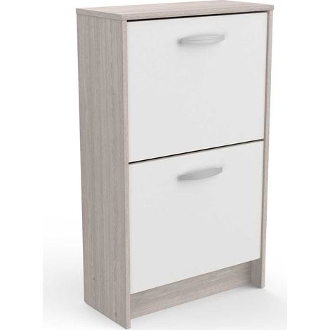 Commode meuble à chaussures 2 abattants 8 paires couleur chêne / blanc mat - Largeur 53,9 x Profondeur 24,4 x Hauteur 90,6 cm (1/5)