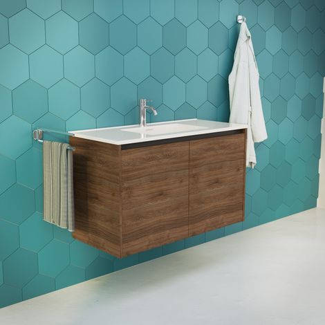 Inda - Badezimmerschrank B.100 mit glänzendem Waschbecken / Braune Eiche 2 Türen - Saphir (1/5)
