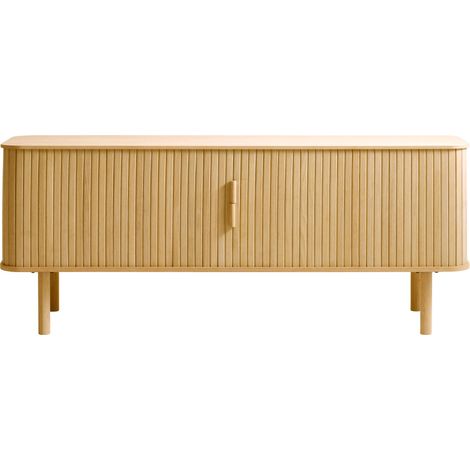 Meuble TV aux portes coulissantes en bois strié L160cm - Bois clair - CALLAN (1/4)