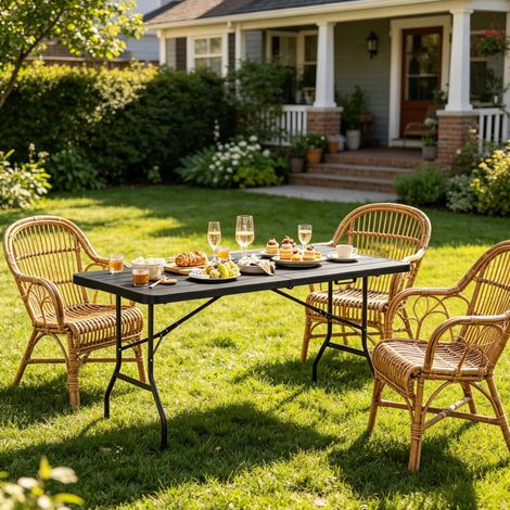 Mesa de jardín plegable de HDPE negro efecto madera, rectangular, con estructura metálica, resistente a la intemperie (1/5)