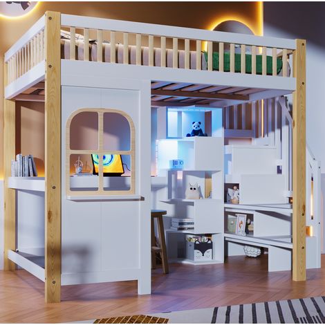 cama alta de pino y MDF blanco y natural 140x200 cm con escritorio, escalera de almacenaje y LED (1/5)