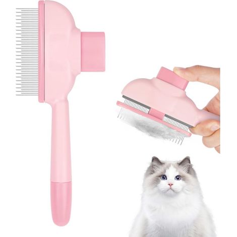 Katzenkamm, selbstreinigender Katzenkamm, Tierhaarentfernungskamm mit Auslöseknopf, entfernt abgestorbene Haare (Rosa) (1/5)