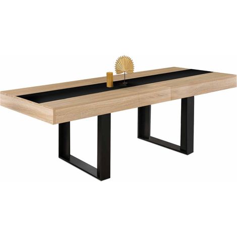 Idmarket – Table extensible rectangle 160-200 cm – 6 à 10 personnes – Bois clair et noir – Design industriel moderne (1/5)