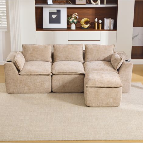 Canapé modulable 3 places avec pouf 256x161x75 cm kaki en chenille avec coussins, poches latérales et porte-gobelet (1/5)