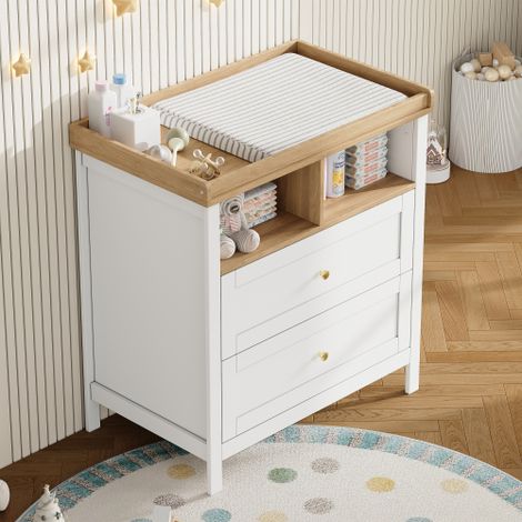 Table à langer, armoire de rangement - barrière de sécurité amovible - 2 tiroirs et étagère ouverte - MDF - Blanc (sans coussin) (1/5)