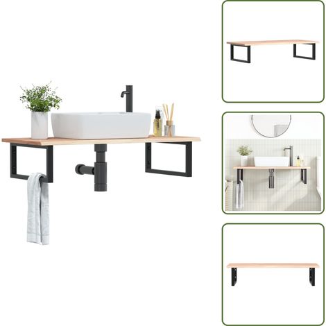 The Living Store Waschtischplatte mit Halterung Stahl und Massivholz Eiche - Wandhalterung
