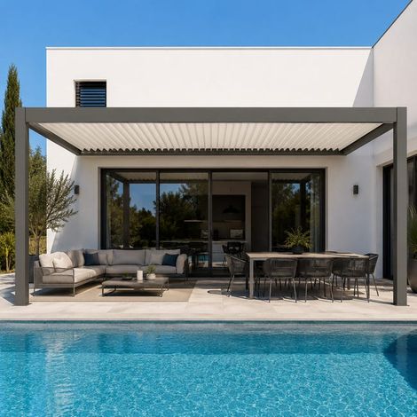Pergola Bioclimatique Aluminium Adossée Motorisée Éclairée 5x3 Gris SV ORIAL France (1/5)