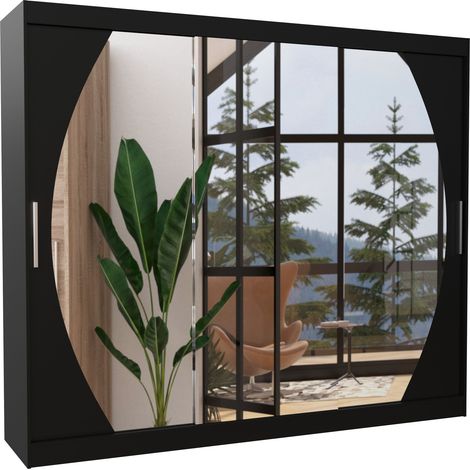 Grande armoire de chambre à coucher 3 portes coulissantes noir et miroir Kerry 250cm (1/5)