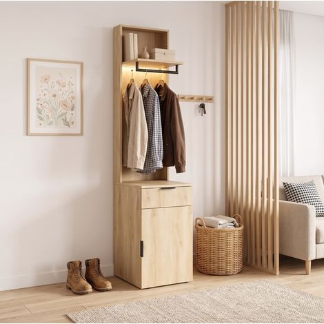 MODFU – Mueble vestidor 45x47x200 cm de MDF con ropero LED, cajón de joyas, 2 compartimentos y carga 30/20 kg – Roble (1/5)