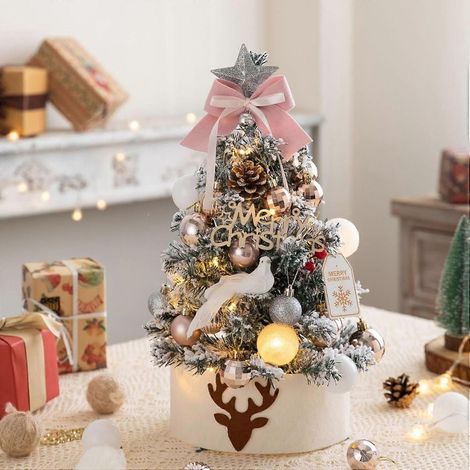 Mini sapin de Noël artificiel de table, recouvert de neige artificielle, avec décorations suspendues et socle délicat, rose, 45 cm (18 pouces). (1/5)