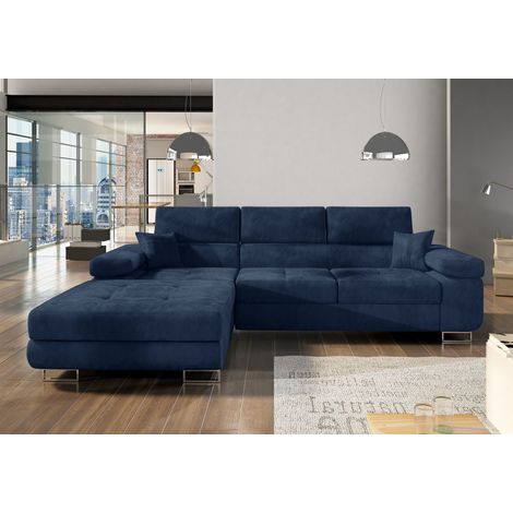 Les Tendances – Canapé convertible d'angle gauche velours bleu foncé 280 cm – Couchage 125 x 198 cm – Rangement intégré – Pieds en métal chrome poli (1/5)