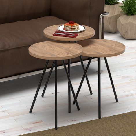 Set de 3 mesas auxiliares Ølgod varios tamaños aglomerado y metal - efecto madera  y negro [en.casa] (1/5)