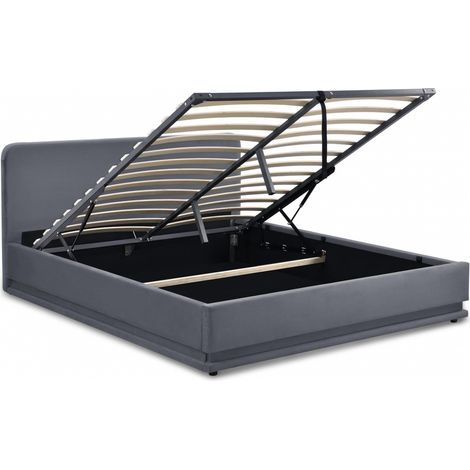 Lit coffre + sommier avec LED en velours gris NEW YORK (1/4)
