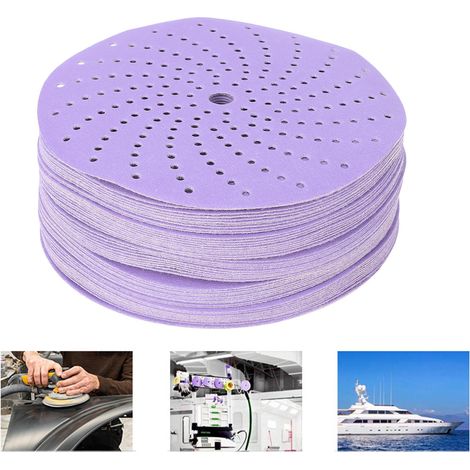 100 disques de papier abrasif céramique auto-agrippants de 15 cm (6 pouces), grain 120, à motif poreux, pour ponceuses à rails aléatoires. (1/5)