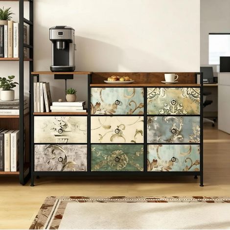 Cómoda de almacenaje 132x88x29 cm multicolor en tejido, metal y madera con carga USB y enchufes (1/5)