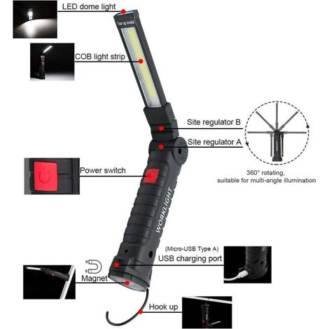 Lampada LED ricaricabile per lavoro con base magnetica – Lampada multifunzione per ispezione con 5 livelli di illuminazione per officina, garage, campeggio e situazioni di emergenza