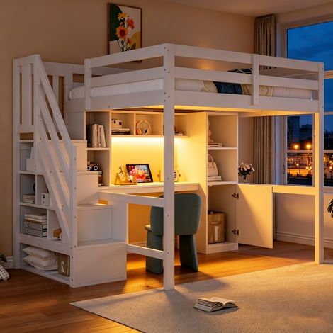 Hochbett 140x200 cm mit Schreibtisch und Treppe, Multifunktionsbett mit Stauraum, LED & Steckdosen, Kiefernholz Weiß, 253x148x170 cm
