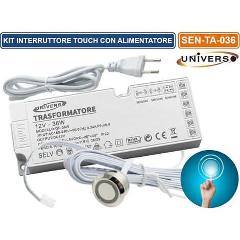 KIT INTERRUTTORE CON SENSORE TATTILE PULSANTE TOUCH CON ALIMENTATORE 36W ACCENSIONE STRISCE LUCI LED