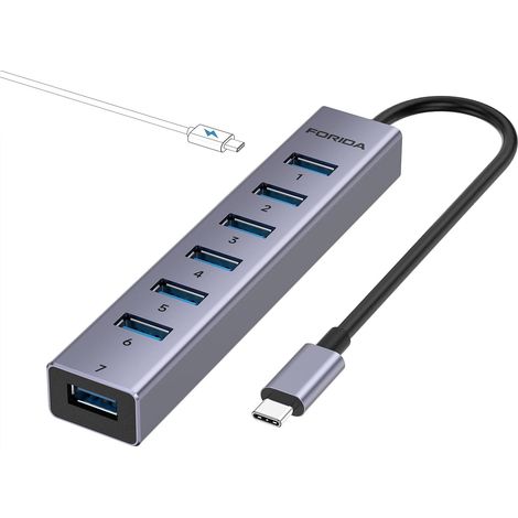 Hub USB C vers USB, 8 ports USB C avec 7 ports de données USB 3.0, coque en alliage d'aluminium, répartiteur USB avec port d'alimentation USB C 5 V/3 A pour ordinateur portable et plus encore (1/5)