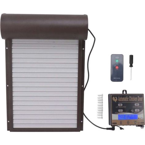 Automatic chicken coop door, programmable aluminum chicken coop door with timer, light sensor, and 3-mode remote control. Brown. (1/4)