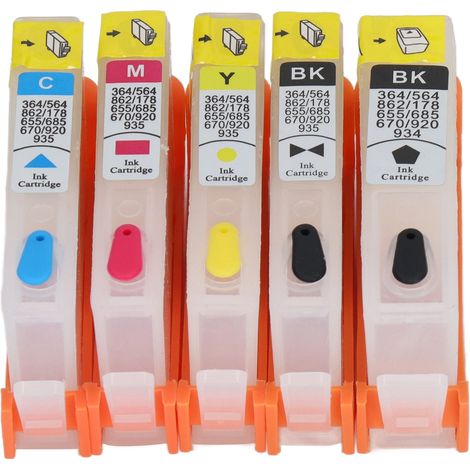 Lot de 5 cartouches HP 564 XL - Encre permanente Noir, Cyan, Magenta, Jaune - Recharge compatible haute capacité avec puce pour imprimantes HP.