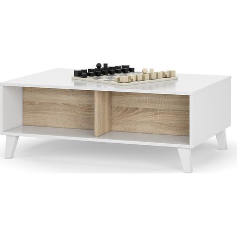 Mesa de centro elevable para salón comedor elevable en color blanco mate y roble artesano 100x38x68 cm (1/10)