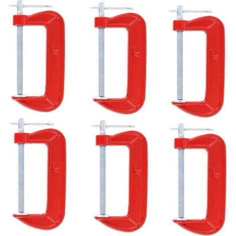 Serre-jointJeu de 6 serre-joints en G légers rouges avec une ouverture de mâchoire de 10 cm, adaptés à la menuiserie, au soudage et à la réparation automobile. (1/4)
