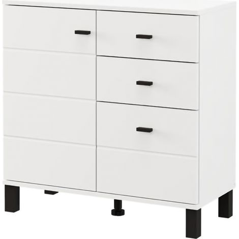 Dmora Schrank Ollant, Kommode 3 Schubladen, 2 Regale, Türen, Schiebetür, 77x35x78h cm Weiß Matt
