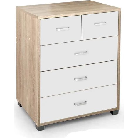 Moderne Kommode Atena mit 5 Schubladen, 68 x 40 x 83 cm, Bicolor, Holzoptik und weiße Fronten