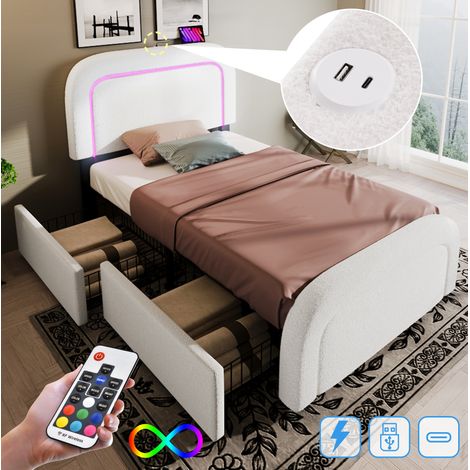 Polsterbett 90/200 cm weiß aus Sherpa mit LED, USB-C und 2 Schubladen (1/5)