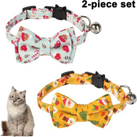Lot de 2 colliers de Noël pour chat, à ouverture facile, avec joli nœud papillon et clochette, pour une sécurité optimale de votre animal. (1/5)
