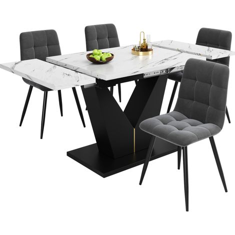 Lot de 5 table à manger extensible avec 4 chaises en velours, plateau marbré blanc, pieds noirs en V, salle à manger moderne - CHICFURN (1/5)