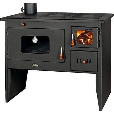 Estufa de leña Prity 2P50 con horno y termómetro – 16 kW – Salida de humos lateral izquierda – Placa metálica – Cocina y calefacción para ambientes rústicos
