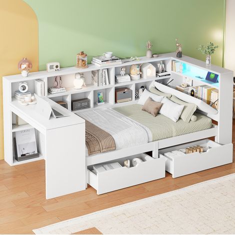 Lit simple 90x200 cm avec bureau et bibliothèque, avec LED et rangements, en bois, blanc, sans matelas (1/5)