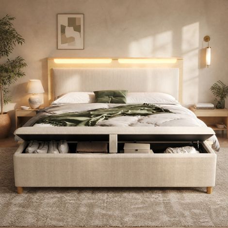 MEUBLIV Letto 160x200 cm beige e rovere chiaro - LED e panca contenitore, senza materasso (1/5)