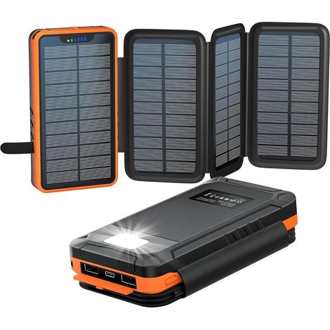 Solaire Batterie Externe 26800mAh, 4 Panneau, Camping Extérieur Imperméable, 4 Mode Lampe de Poche, 5V/2.1A, 5V/3.1A Sortie, 2 USB-A, 1 USB-C, 5W Solaire Entrée, pour Téléphones Tablettes (1/5)