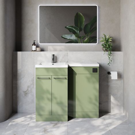 Napoli 390 Olive Green 1000mm 2 Door Vanity Unit Toilet Suite with Left Hand Square Lucia Basin - 1000mm - Gunmetal Grey 160mm HandleWithout Kingston Toilet Pan