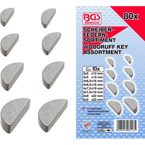 Bgs Technic – Clavettes demi-lune – Assortiment de 80 pièces – 10 dimensions : 3x5x13 mm, 4x5x13 mm, 3x6.5x16 mm, 4x6.5x16 mm, 4x7.5x19 mm, 5x7.5x19 mm, 5x9x22 mm, 6x9x22 mm