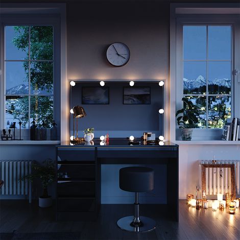 Schminktisch Sherry, Schwarz, 120 cm mit LED Beleuchtung und Hocker, Vicco