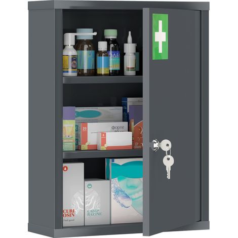 Beyamis Wandmontierter Medizinschrank mit Schloss, 3-stöckiger Stahlschrank, 40 x 15 x 53,5 cm, anthrazitgrau