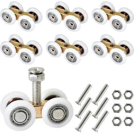 Ruote per porte scorrevoli - Set di 6 ruote interamente in ottone con viti - Per armadi e cancelli scorrevoli - Cuscinetti a sfera per binario da 20 mm (1/5)