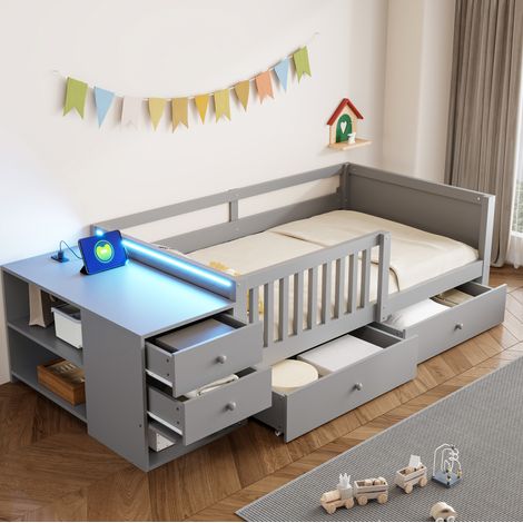 Cama infantil alta 90 x 200 cm gris con escritorio, almacenaje, LED y enchufe OKMYHOME (1/5)