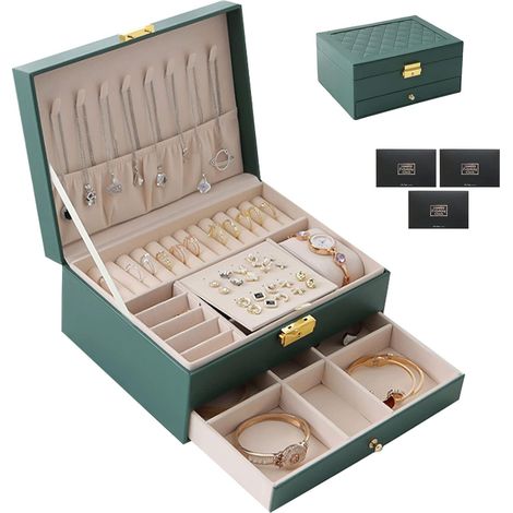Boîte à Bijoux,2 Niveaux Rangement Bijoux Voyage Fille en Cuir PU,Organisateur Bijoux,pour Bagues,Colliers,Serrure et Clé,Comprend un chiffon de polissage en argent,Vert Foncé (1/5)