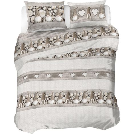 Parure de lit Double en Flanelle 100% Coton, Housse de Couette 250 x 200 cm, taie d'oreiller 52 x 82 cm, Lavable en Machine à 40 degrés, Motif Nain Beige (1/5)