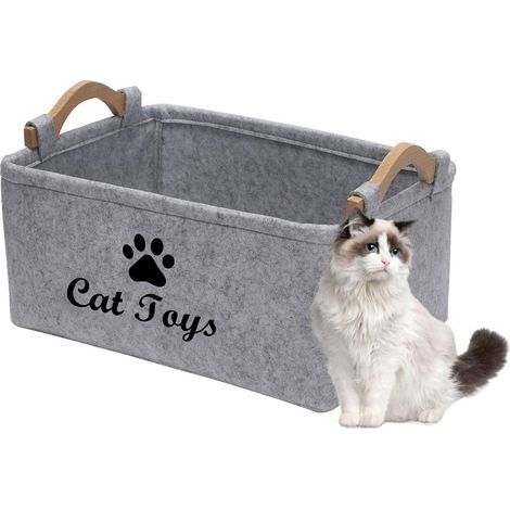 Aufbewahrungskorb für Katzenspielzeug, Box mit Holzgriff, Aufbewahrung von Kleidung und Accessoires, Grau