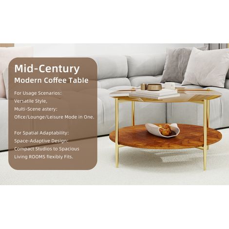 Runder Couchtisch 82x82x45 cm goldfarben, Tischplatte aus gehärtetem Glas, Holzablage MEUBLIV (1/5)