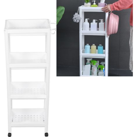 Étagère de rangement blanche sur pied pour salle de bain, étagère étroite à quatre niveaux. (1/5)