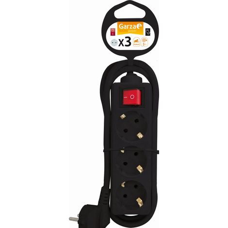 Garza Power - Regleta enchufes múltiple con interruptor de 3 tomas. Base múltiple ladron enchufes con cable Schuko de 3 metros.